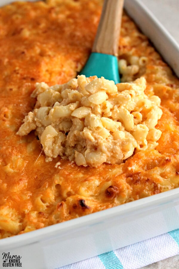 gluten-free baked Southern macaroni and cheese in a casserole dish with a blue spoon