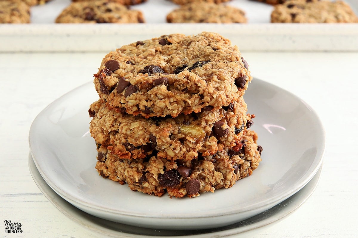 gluten-free breakfast cookies stacked on a white plate with a try of cookie sin the backgorund