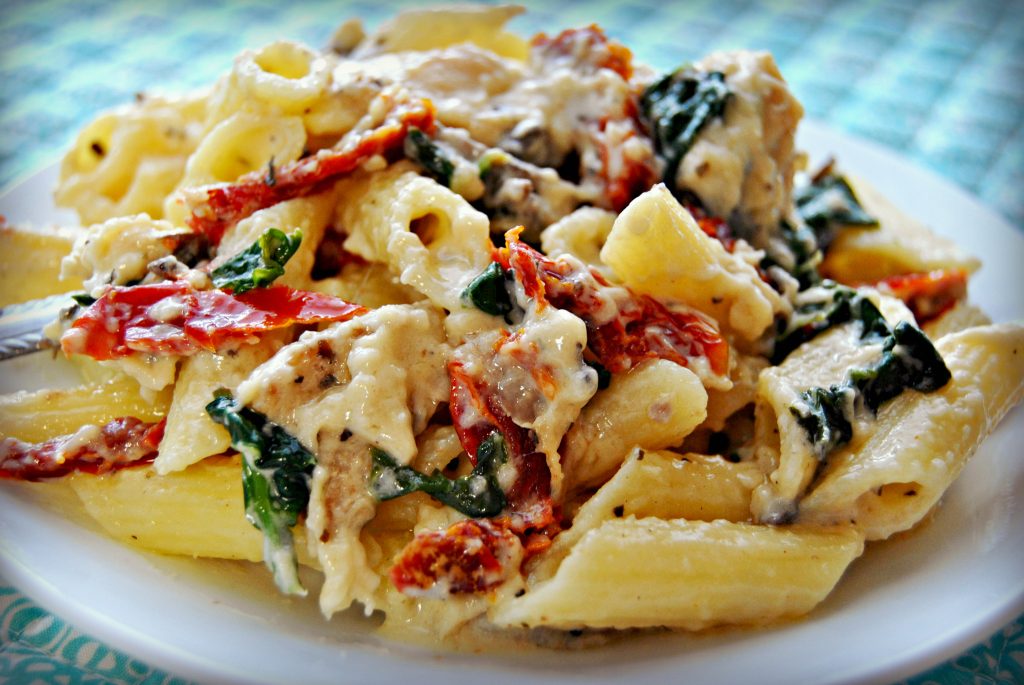 Gluten-Free Penne Pasta Alfredo with Chicken, Mushrooms, Spinach and