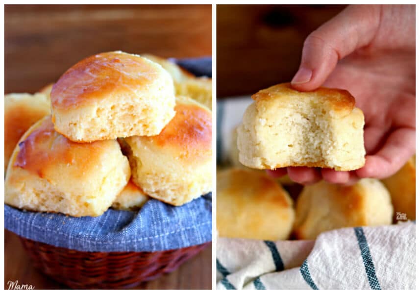 gluten-free rolls in a basket and gluten-free biscuits in a basket.