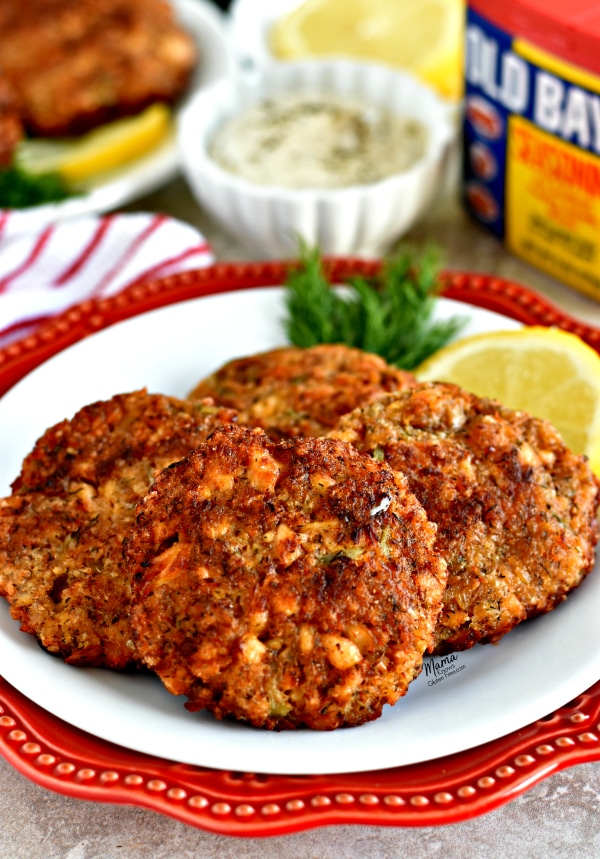 4 Gluten-Free Salmon Cakes with lemon on a plate
