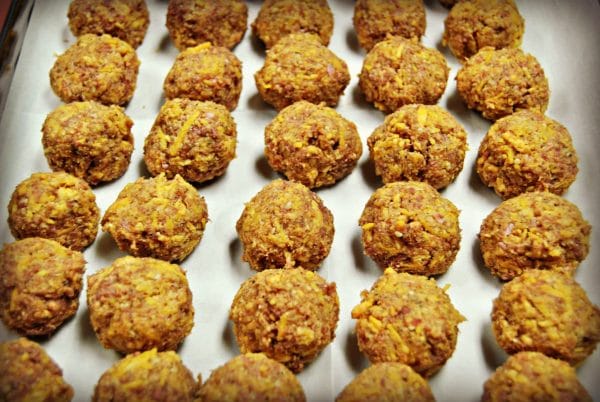 gluten-free- sausage balls on a baking pan