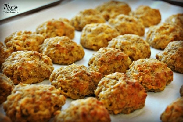 baked gluten-free sausage balls on a pan