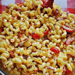 gluten-free macaroni salad in a glass bowl