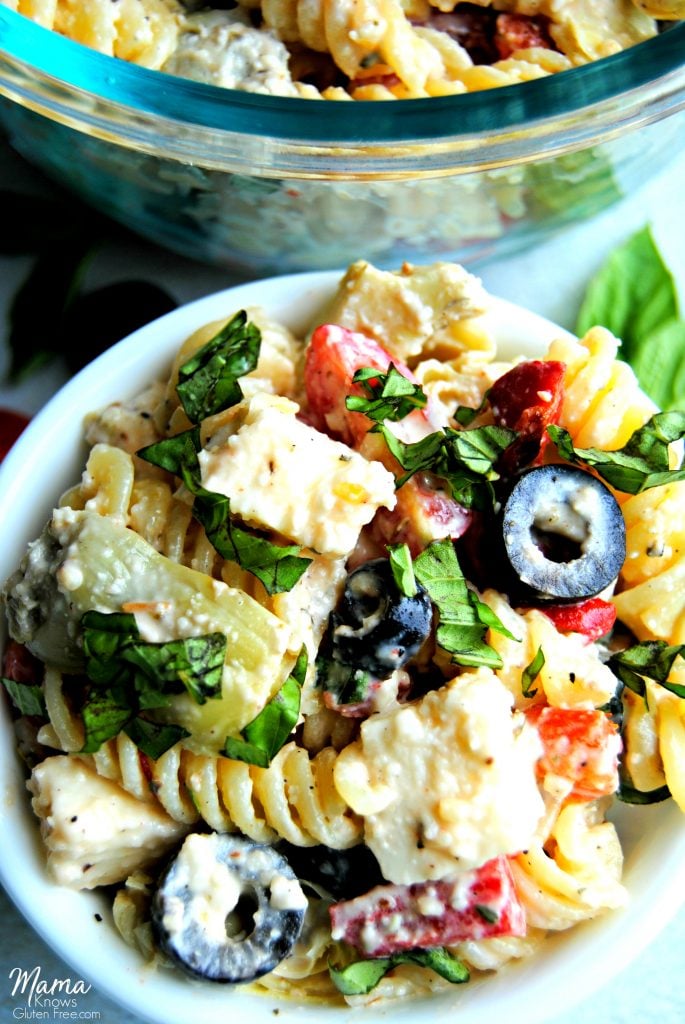 two bowls of gluten-free creamy Italian pasta salad