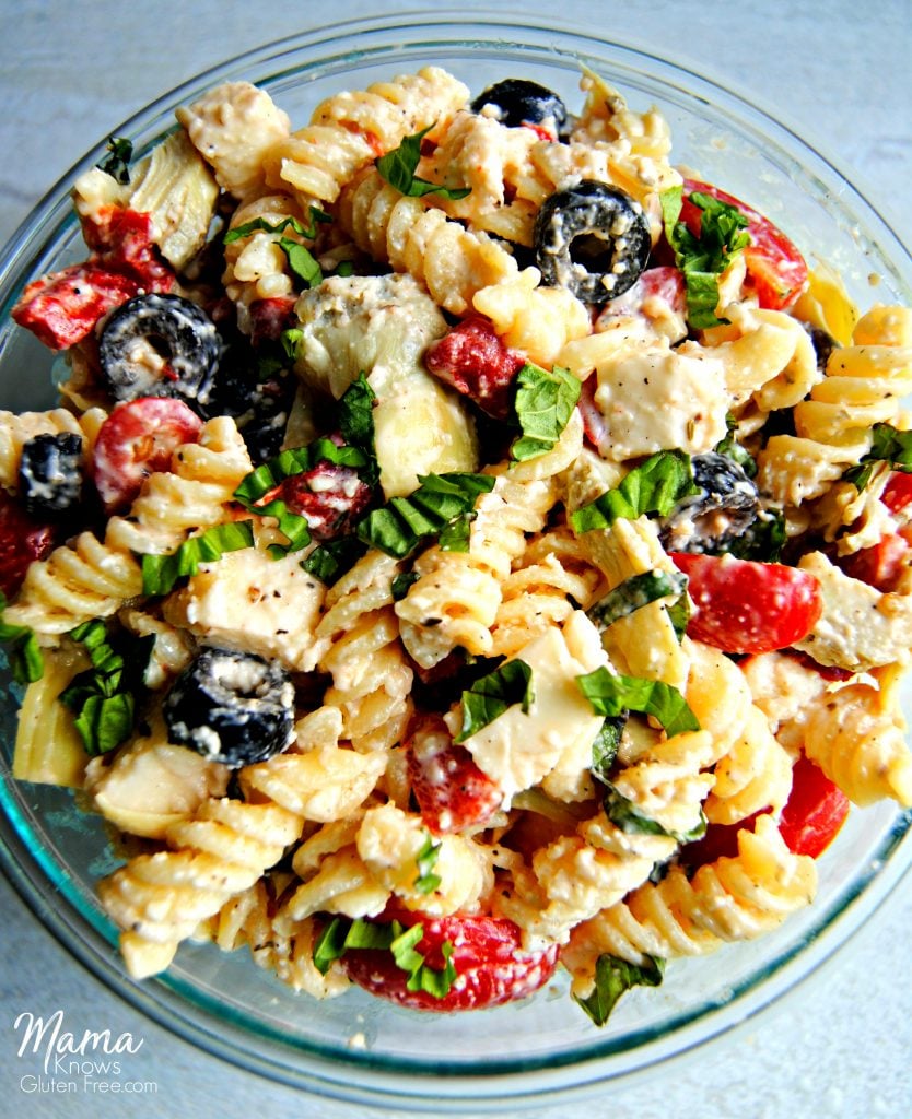 a bowl of gluten-free creamy Italian pasta salad