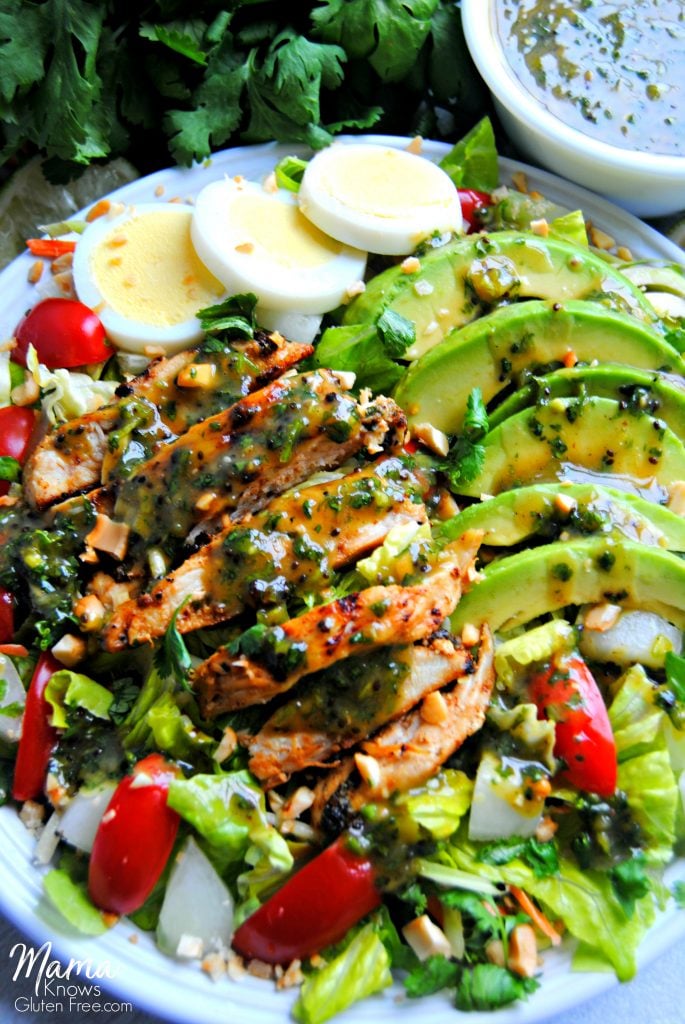 Grilled Chimichurri Salad with extra dressing and cilantro in the background