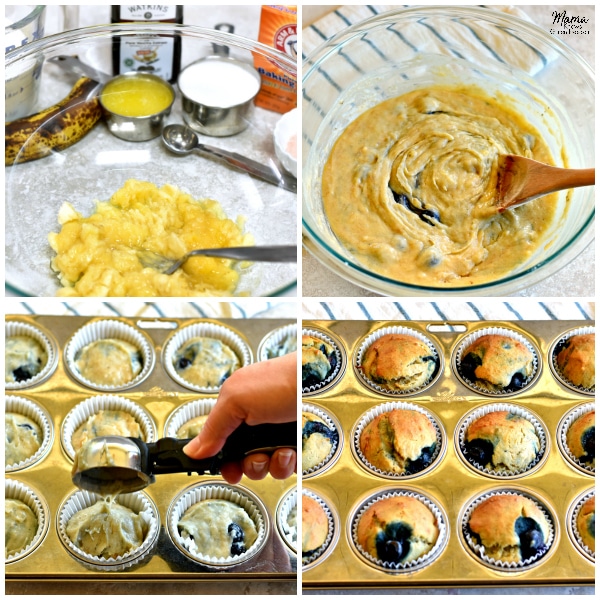 gluten-free blueberry banana muffins recipe steps photo collage