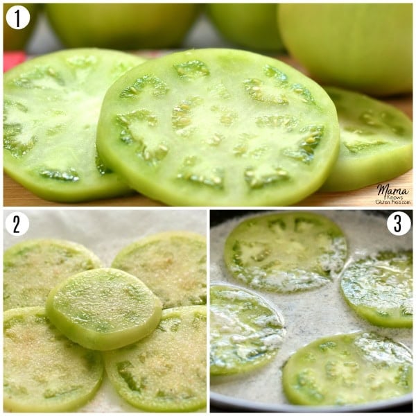 gluten-free fried green tomatoes recipe steps 1-3 photo collage