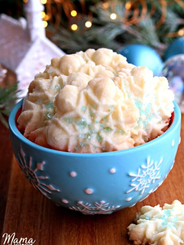 gluten-free almond spritz cookies in a blue bowl