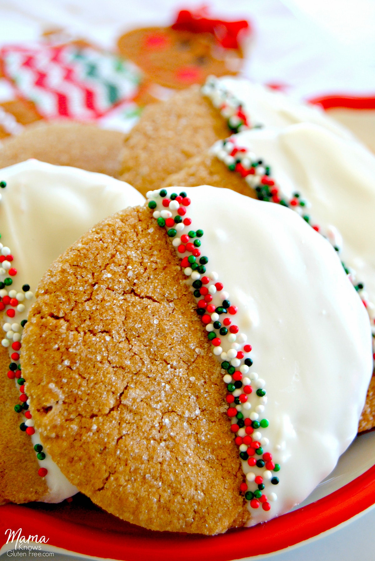 A plate of Gluten-Free White Chocolate-Dipped Gingerbread Cookies