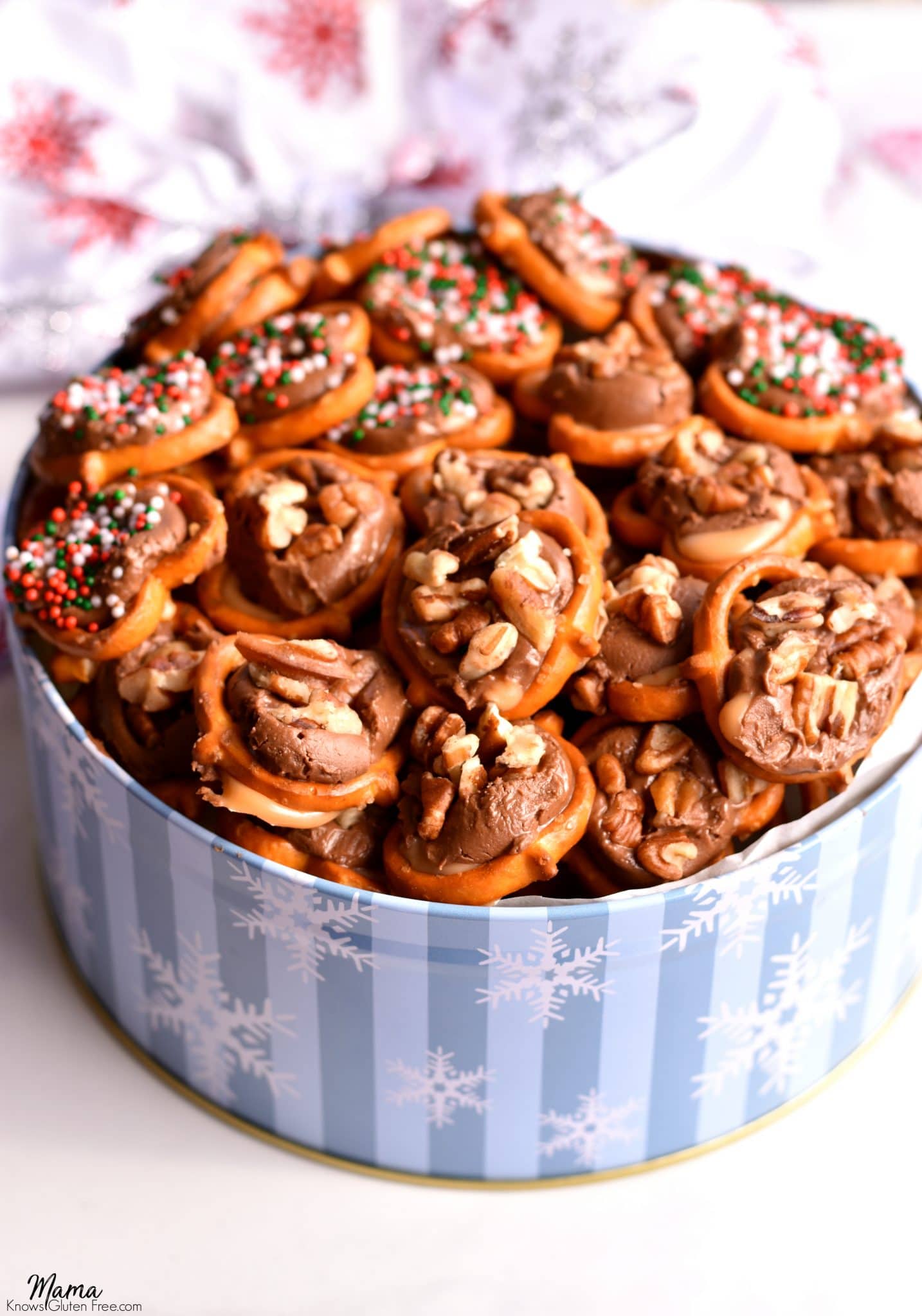 Easy Gluten-Free Caramel Pretzel Delights in a cookie tin