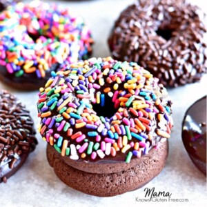 2 gluten-free chocolate donuts stacked on top of each other with 4 donuts in the background