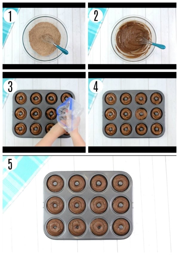 gluten-free chocolate donuts recipe steps 1-5 photo collage