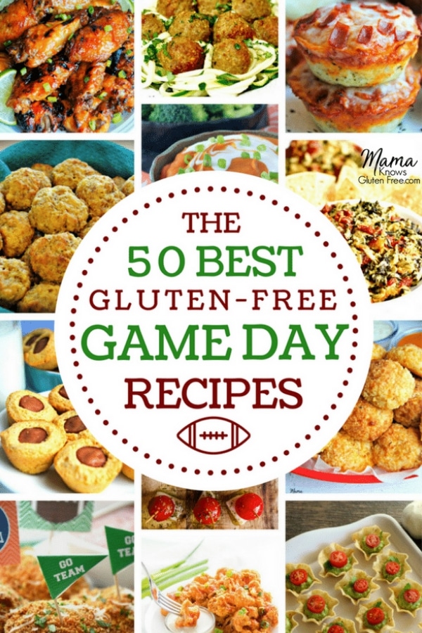 collage of 12 gluten-free appetizers with a white circle in the center with the best 50 gluten-free game day recipes on it