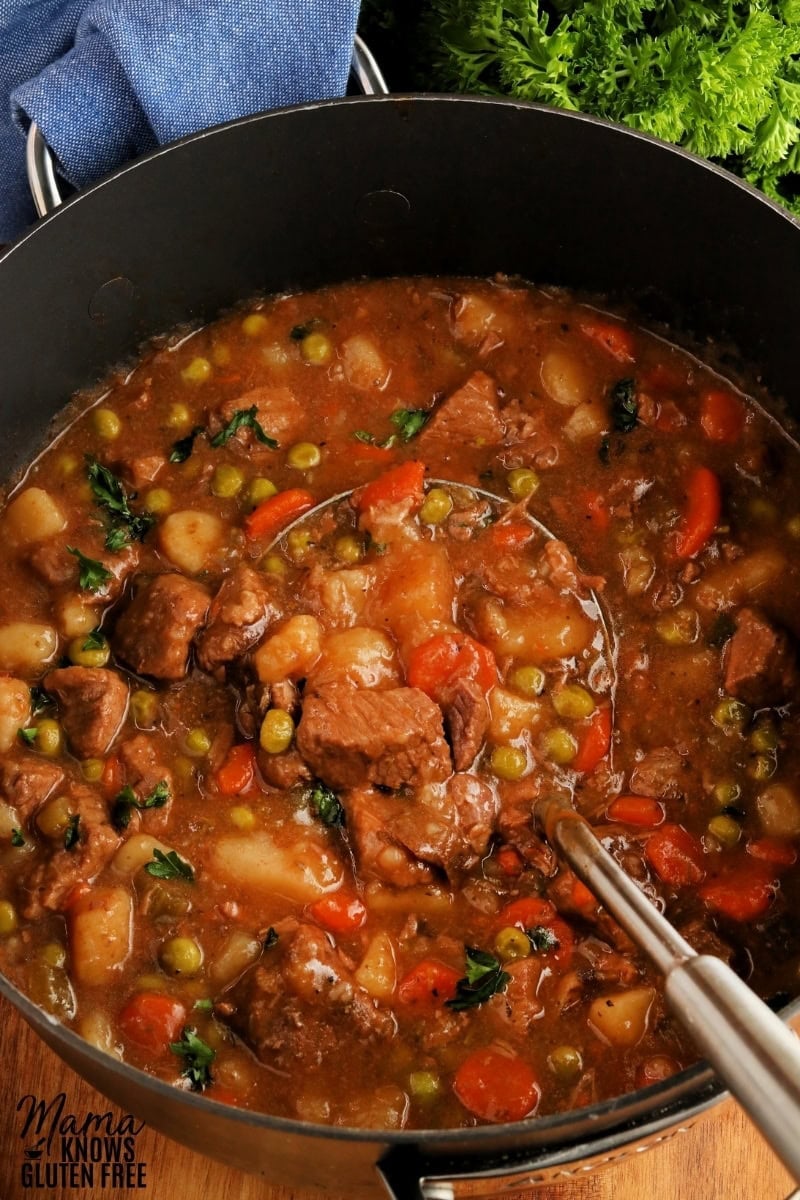 gluten-free beef stew in a back pot with a sliver ladle