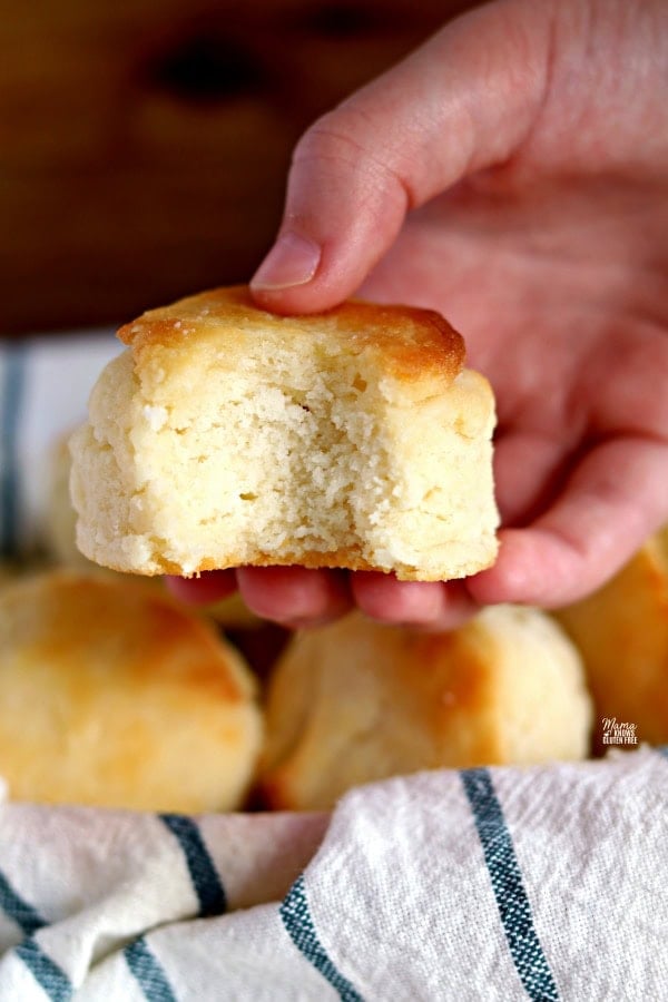 a gluten-free biscuits with a bite out of it to show the texture with biscuits in a basket in the background