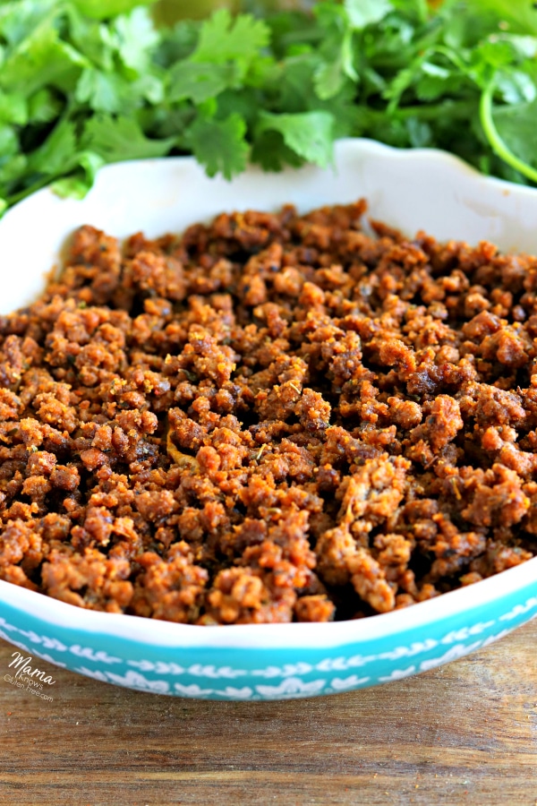 a bowl of gluten-free taco meat with cilantro in the background