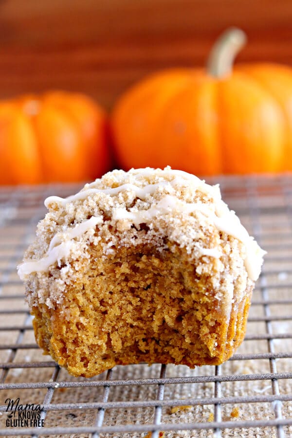 gluten-free pumpkin muffin with bite out of it to show texture on a cooling rack with pumpkins in the background