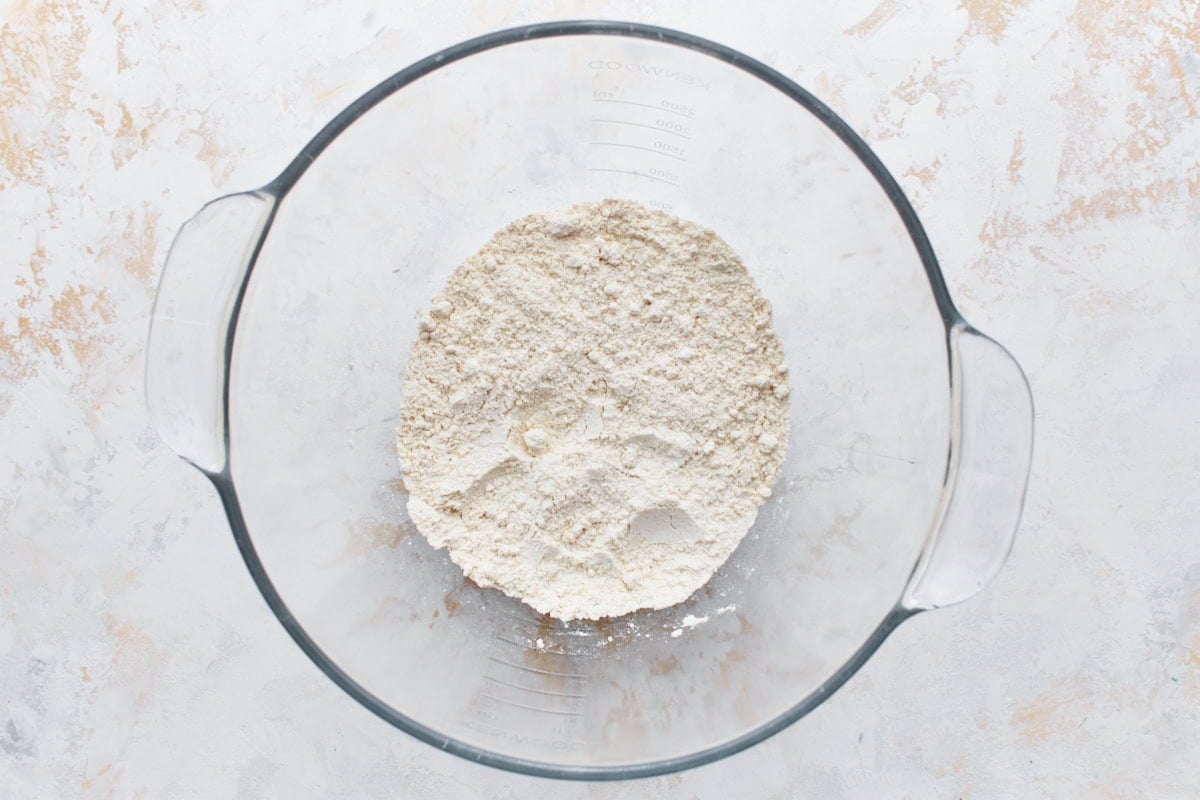 Gluten-free flour mixture in a glass bowl.