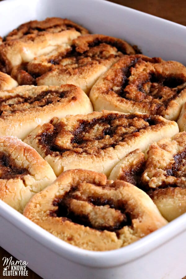 a pan of freshly baked cinnamon rolls without icing