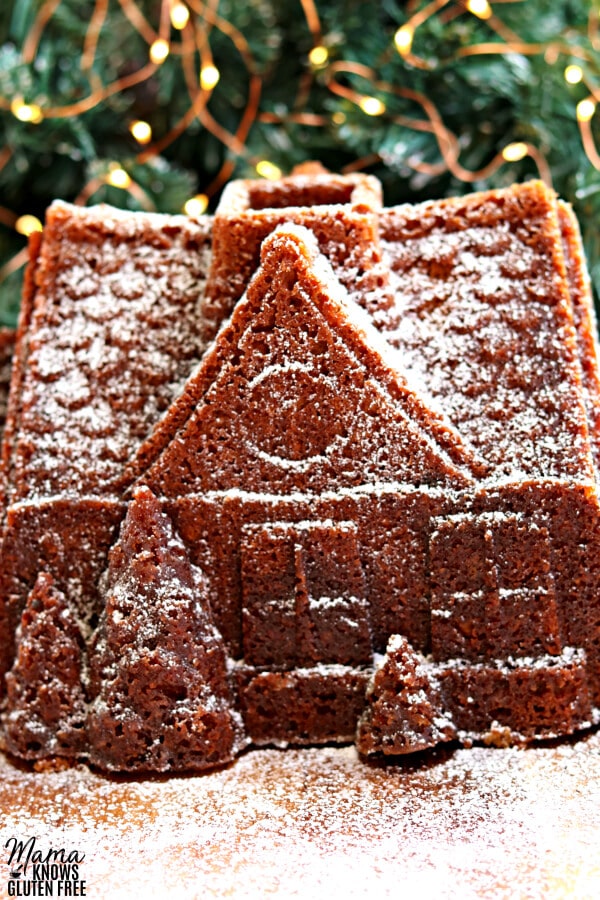 gluten-free gingerbread bundt cake in a shape of a gingerbread house