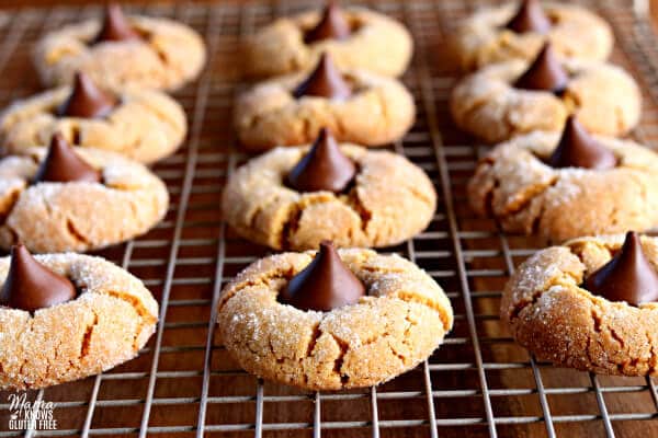 gluten-free peanut butter blossom cookies on a cooling rack