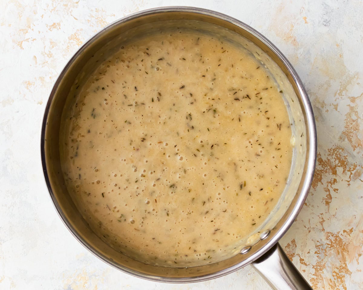 Base for gluten-free cream of chicken soup in a sauce pan