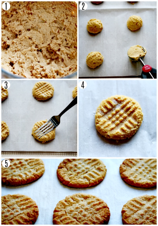 collage of photos of the recipes steps for gluten-free peanut butter cookies