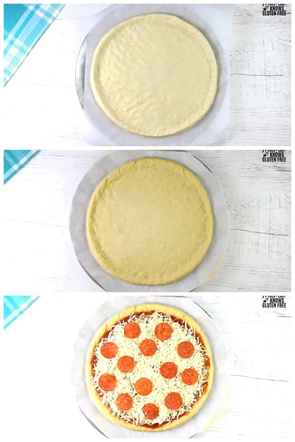 gluten-free pizza crust dough, the baked crust , and the crust with the toppings.