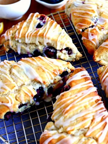 cooling rack with 6 gluten-free blueberry scones
