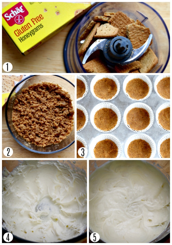 gluten-free mini cheesecake recipe steps 1-5 photo collage