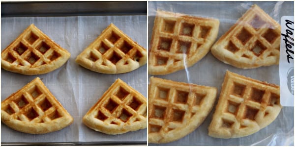 pan of gluten-free waffles and a freezer bag of gluten-free waffles