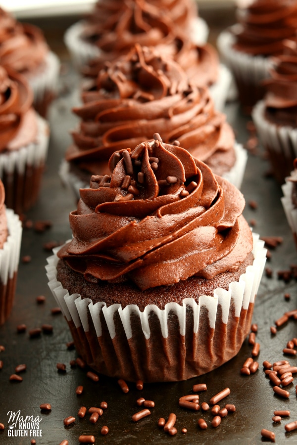 gluten-free chocolate cupcakes on a metal baking sheet