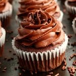 gluten-free chocolate cupcakes on a baking sheet with chocolate sprinkles