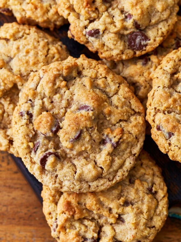 overhead view of gluten-free oatmeal cookies on a cutting board.
