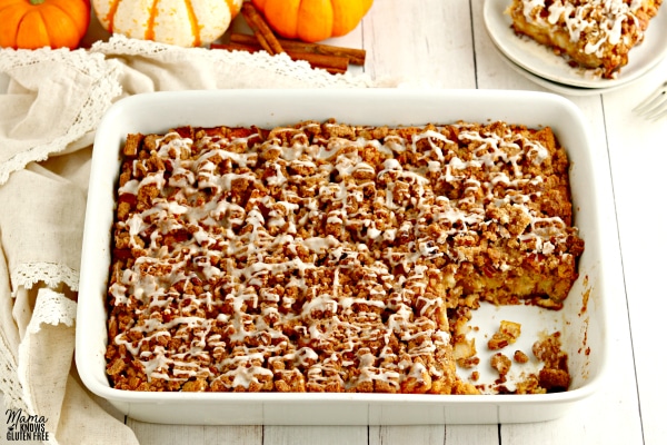 pan of gluten-free pumpkin french toast casserole with slice cut out