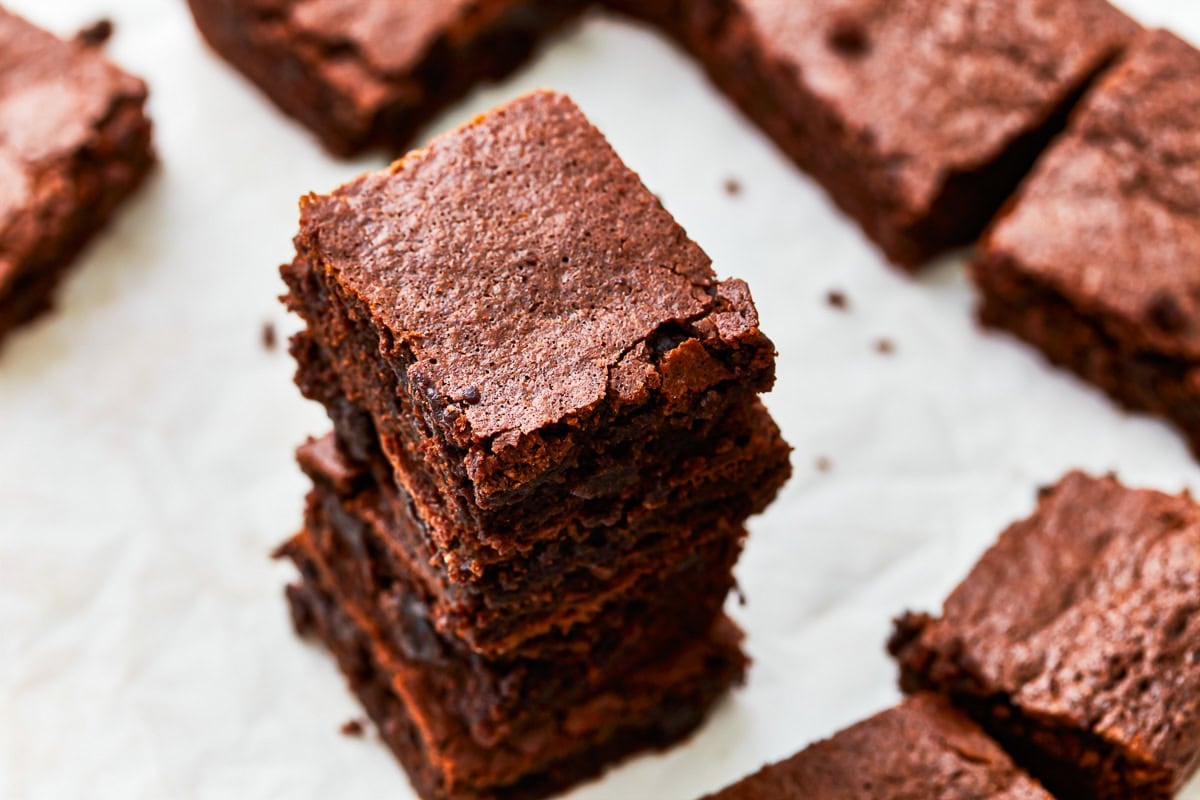overhead view of 4 stacked gluten free brownies.