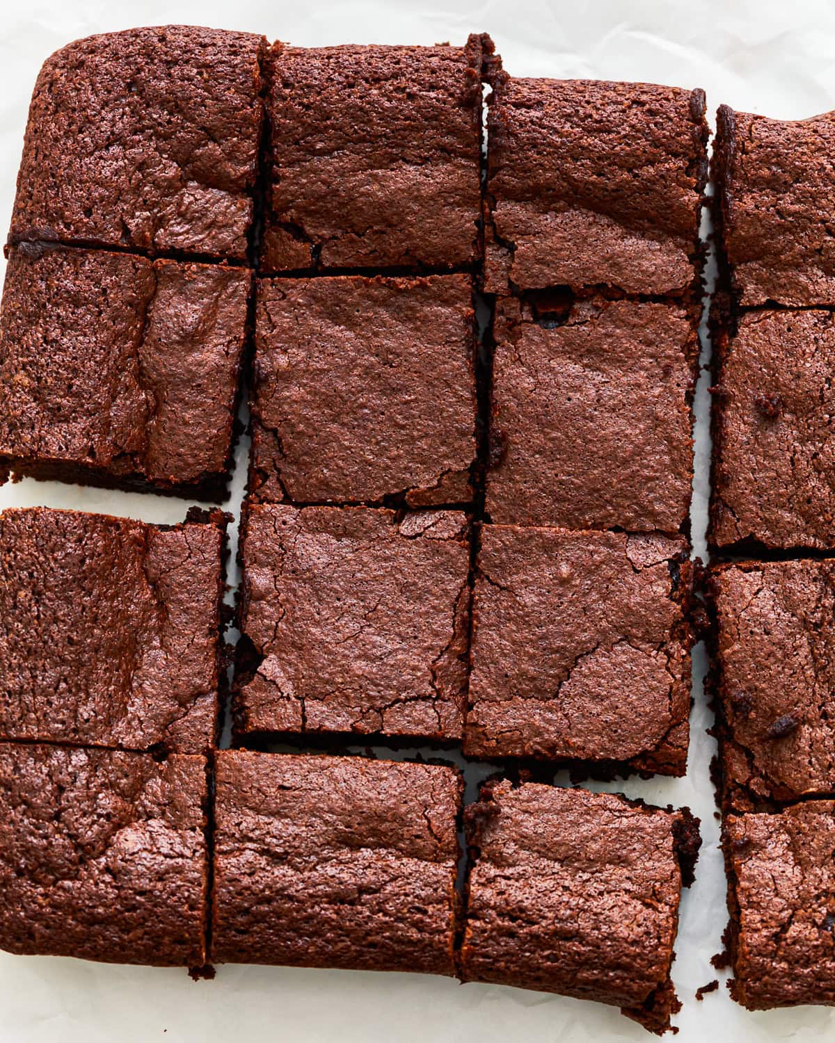 overhead view of cut gluten free brownies.