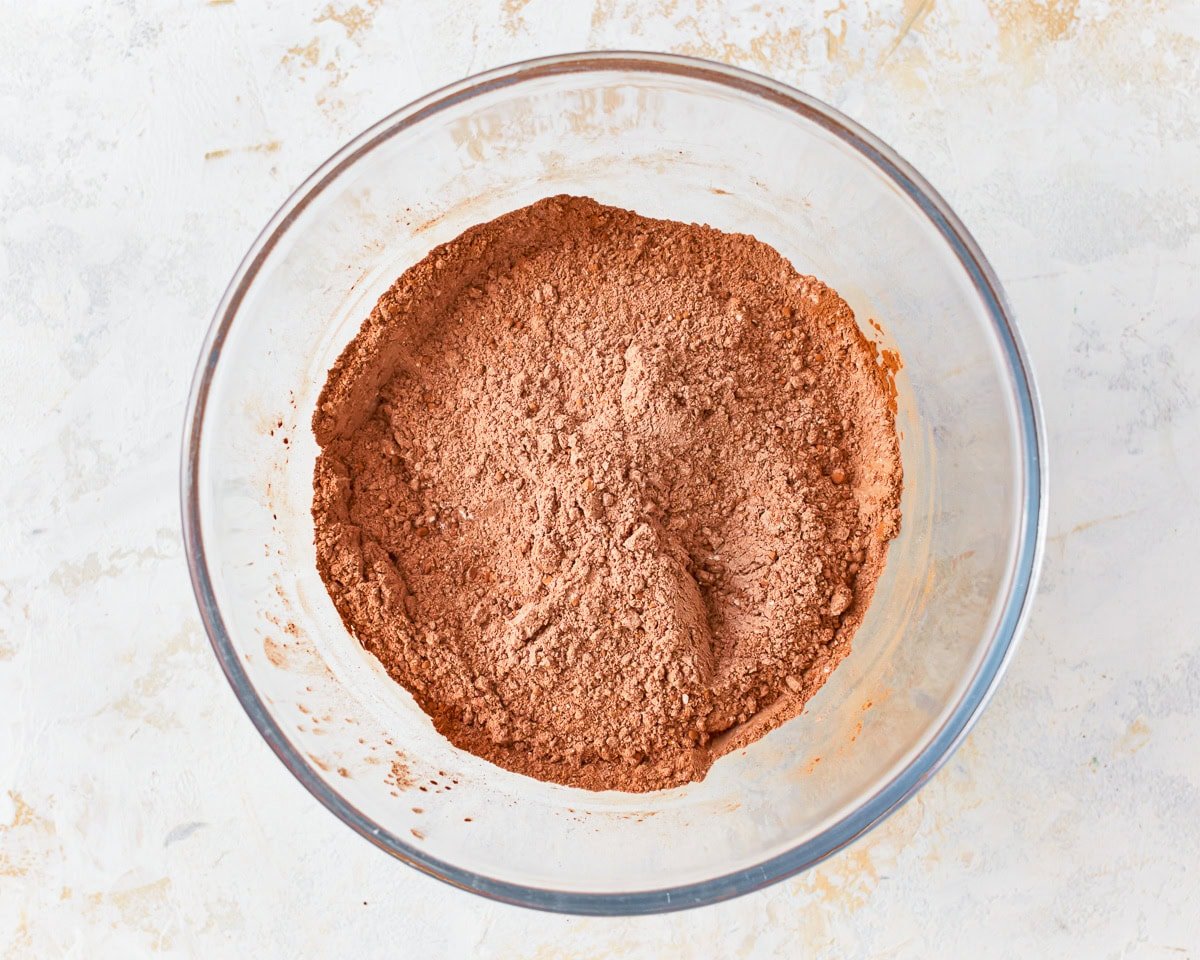 dry ingredients for gluten free brownies in a glass bowl.