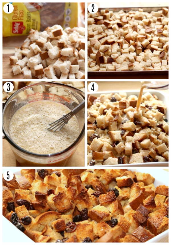 gluten-free bread pudding recipe steps collage