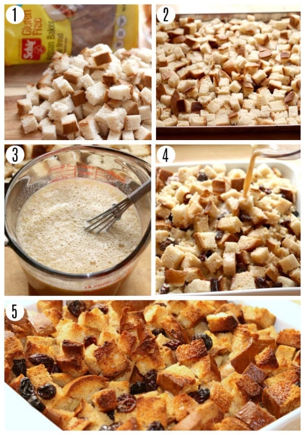 gluten-free bread pudding recipe steps collage