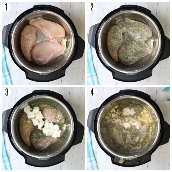 instant pot crack chicken recipe steps 1-4 photo collage