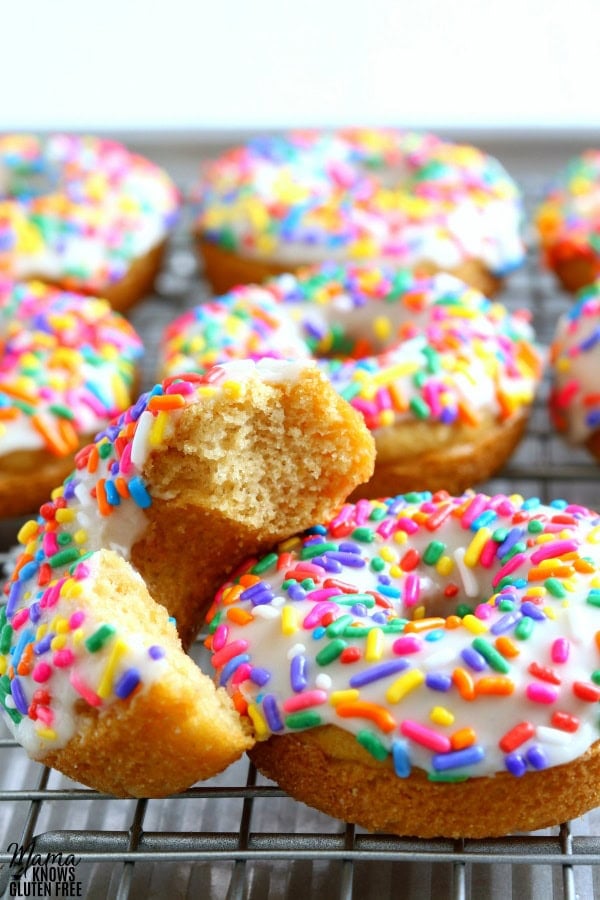 gluten-free vanilla donuts with one donut with a bite out of it to show the texture