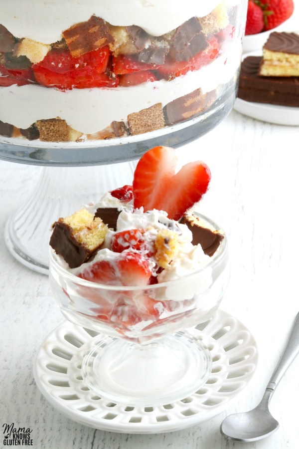 dish of gluten-free trifle with spoon and the trifle in the background