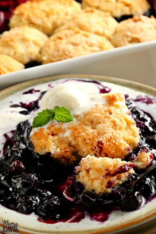 gluten-free blueberry cobbler serving with ice cream and the pan of cobbler in the background