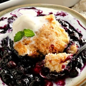 gluten-free blueberry cobbler topped with ice cream