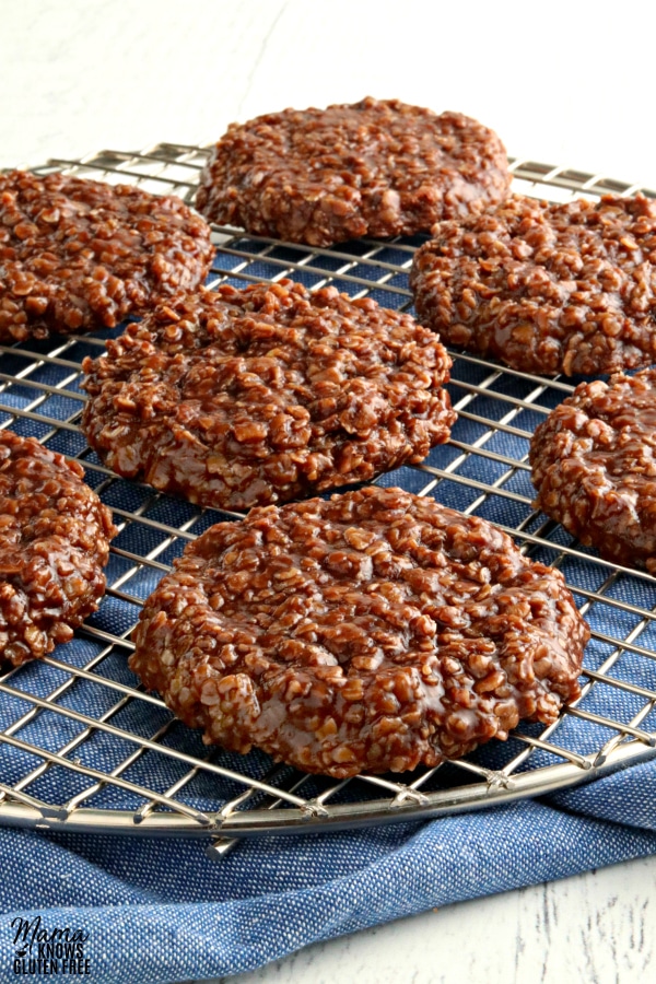 gluten-free no-bake cookies on a cooling rack