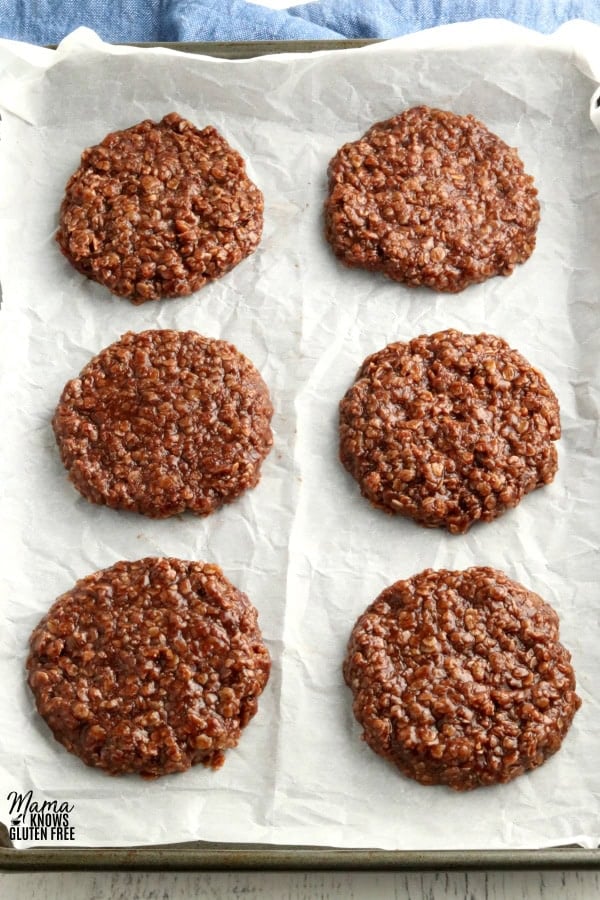 gluten-free no-bake cookies on a baking sheet