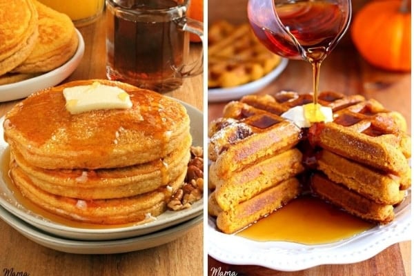 gluten-free pumpkin pancakes and waffles photo collage